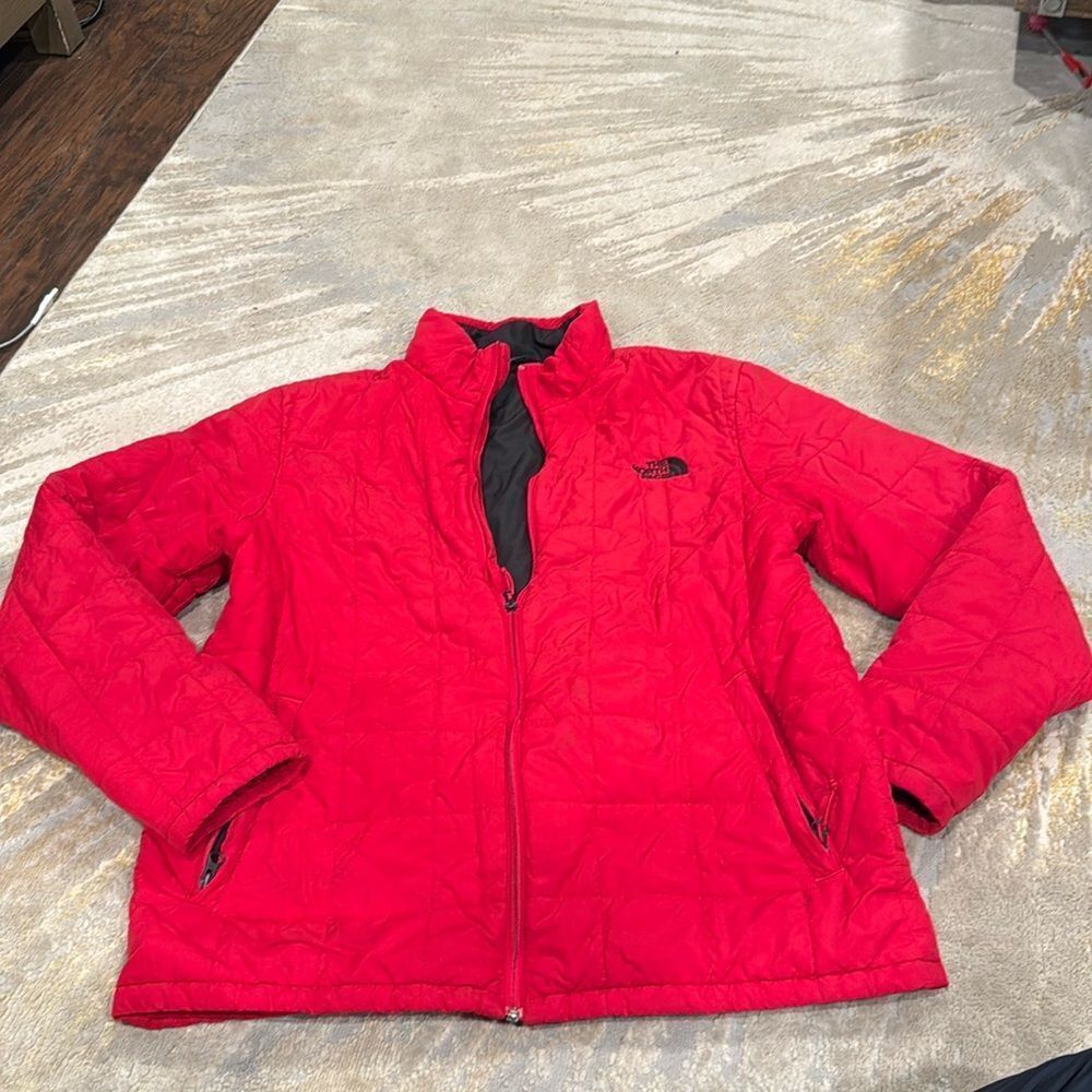 The North Face red thin puffer jacket size L perfect beater for work has stains